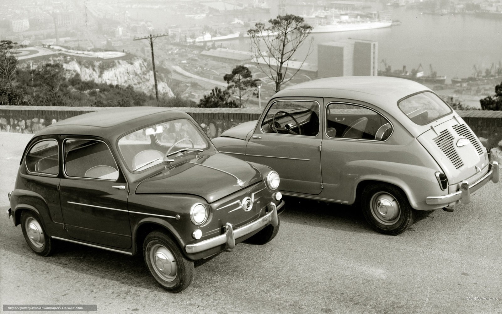 Two vintage Fiat cars on a hill