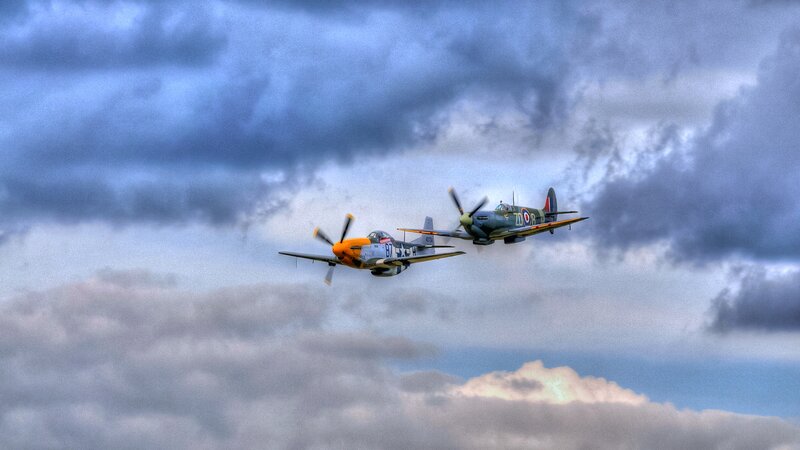 Two Vintage Fighter Planes — Blue, Dramatic, Photograph