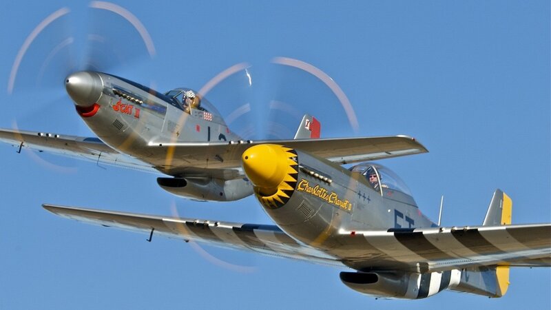 Two Vintage Fighter Planes — Blue, Dynamic, Afternoon, Photograph, Aircraft, Pilot, Propeller