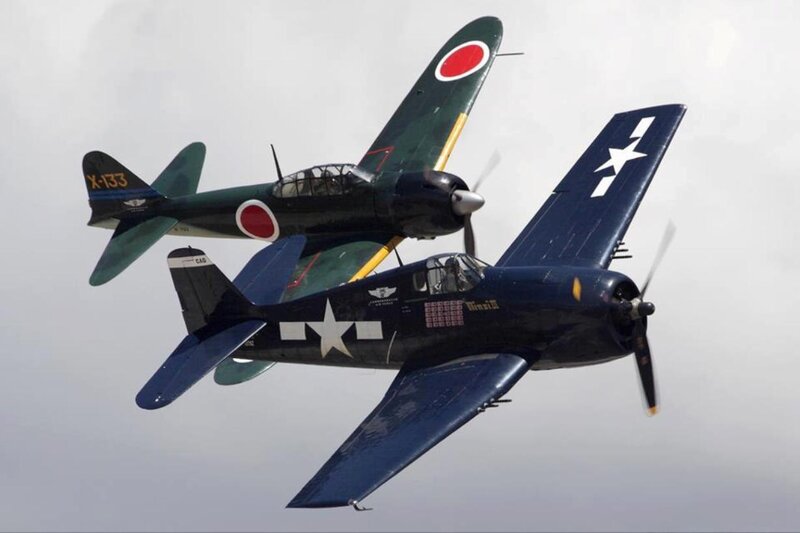 Two Vintage Fighter Planes — Blue, Dynamic, Photograph