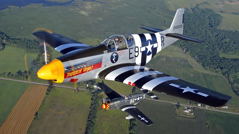 Two Vintage Fighter Planes — Green, Dynamic, Afternoon, Photograph