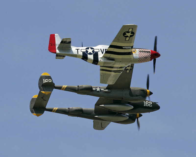 Two Vintage Military Planes — Blue, Dynamic, Afternoon, Photograph, Aircraft, Sky, Propellers