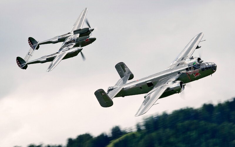 Two Vintage Military Planes — Silver, Dynamic, Afternoon