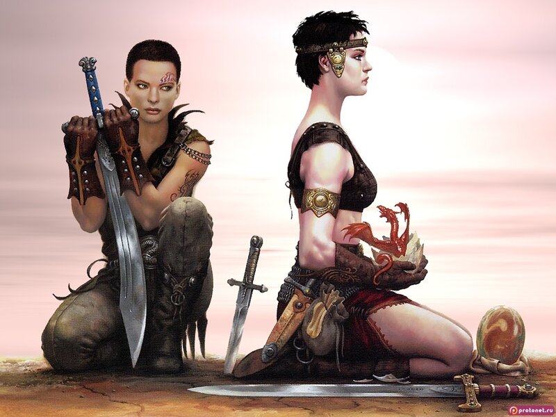Two warrior women in fantasy setting