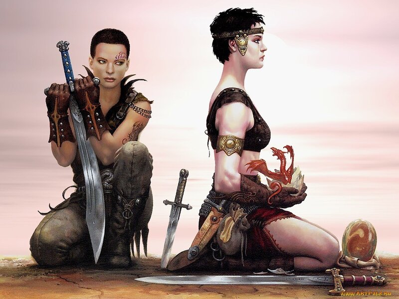 Two warrior women kneeling