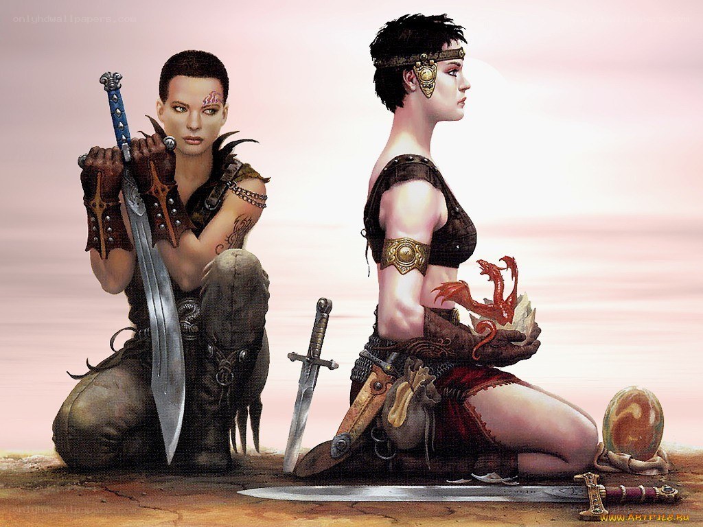 Two warrior women kneeling