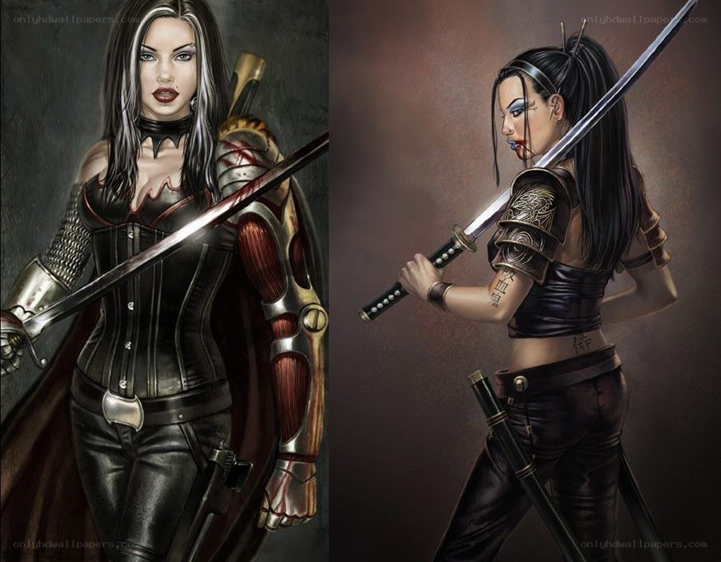 two warrior women with swords