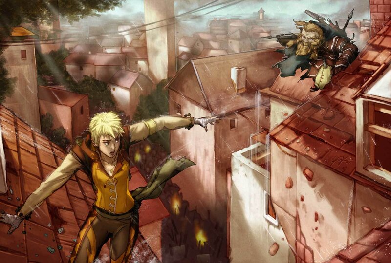 Two warriors clash on rooftops
