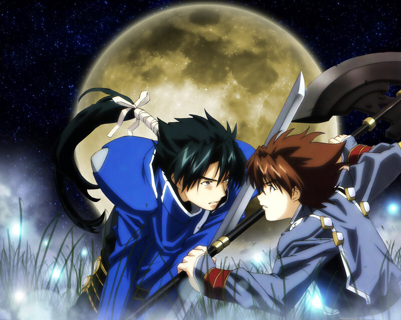 Two warriors clash under a full moon