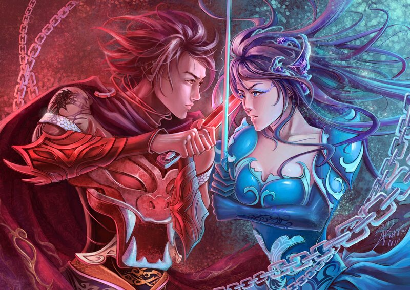 Two Warriors Dueling — Red, Dramatic