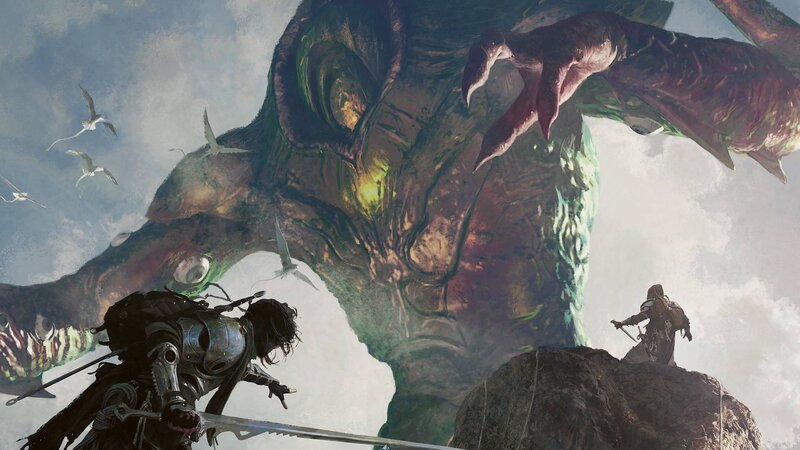 Two Warriors Facing Giant Monster