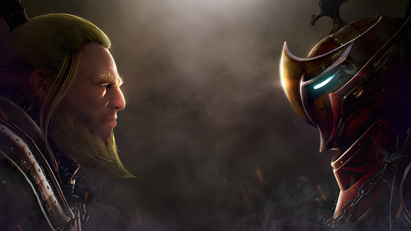 Two Warriors Facing Off — Black, Dramatic, Digital Art, Armor