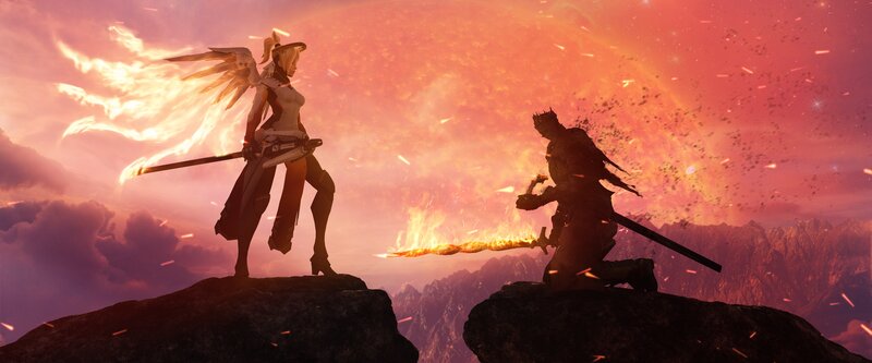 Two Warriors Facing Off — Red, Dramatic, Sunset, Digital Art