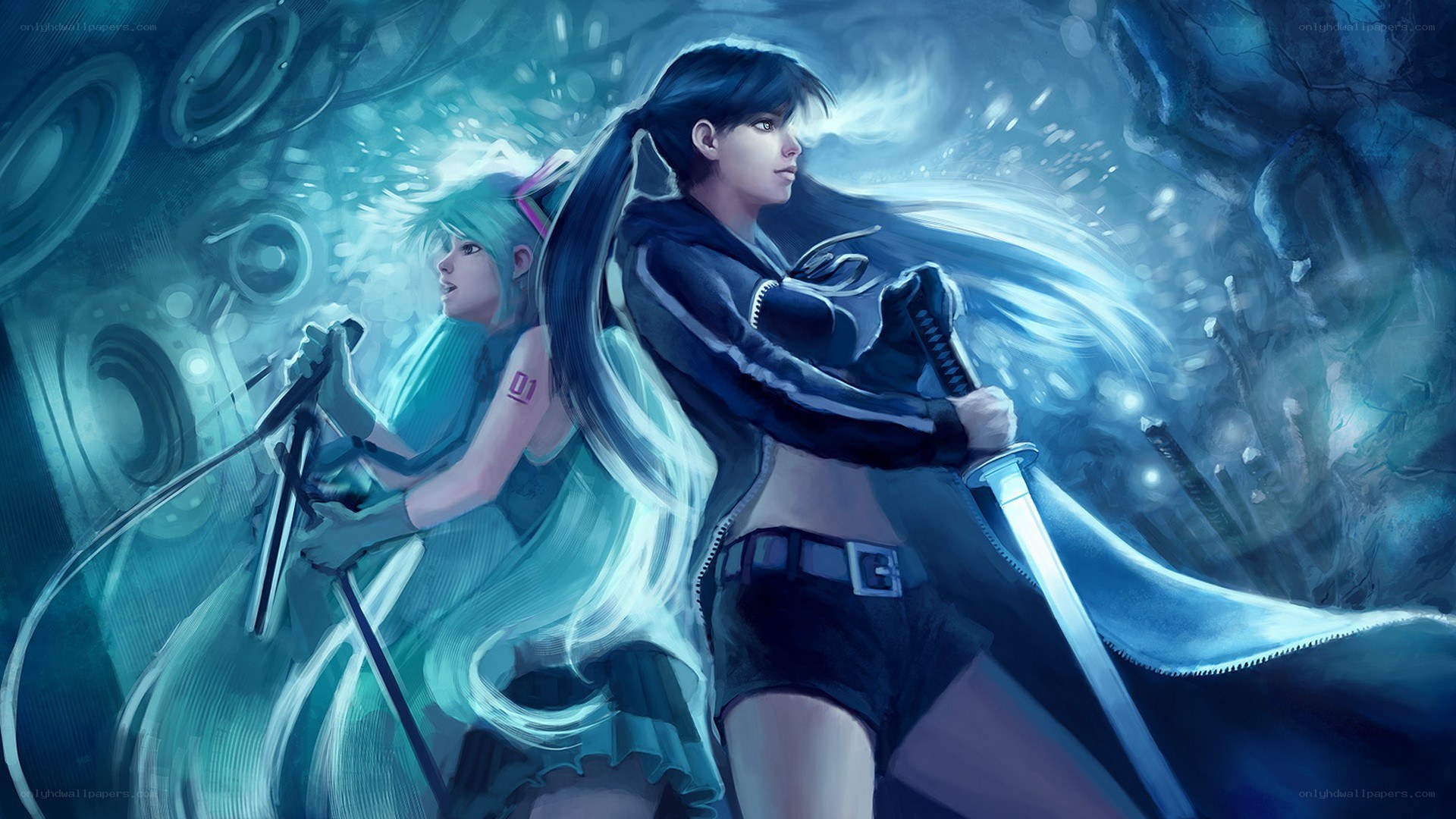 Two warriors in a blue tunnel