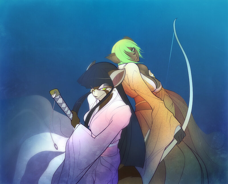 Two warriors in a blue void