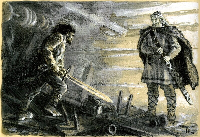 Two Warriors in a Cave — Gray, Dramatic
