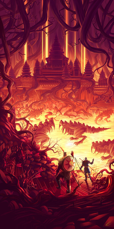 Two Warriors in a Cave — Red
