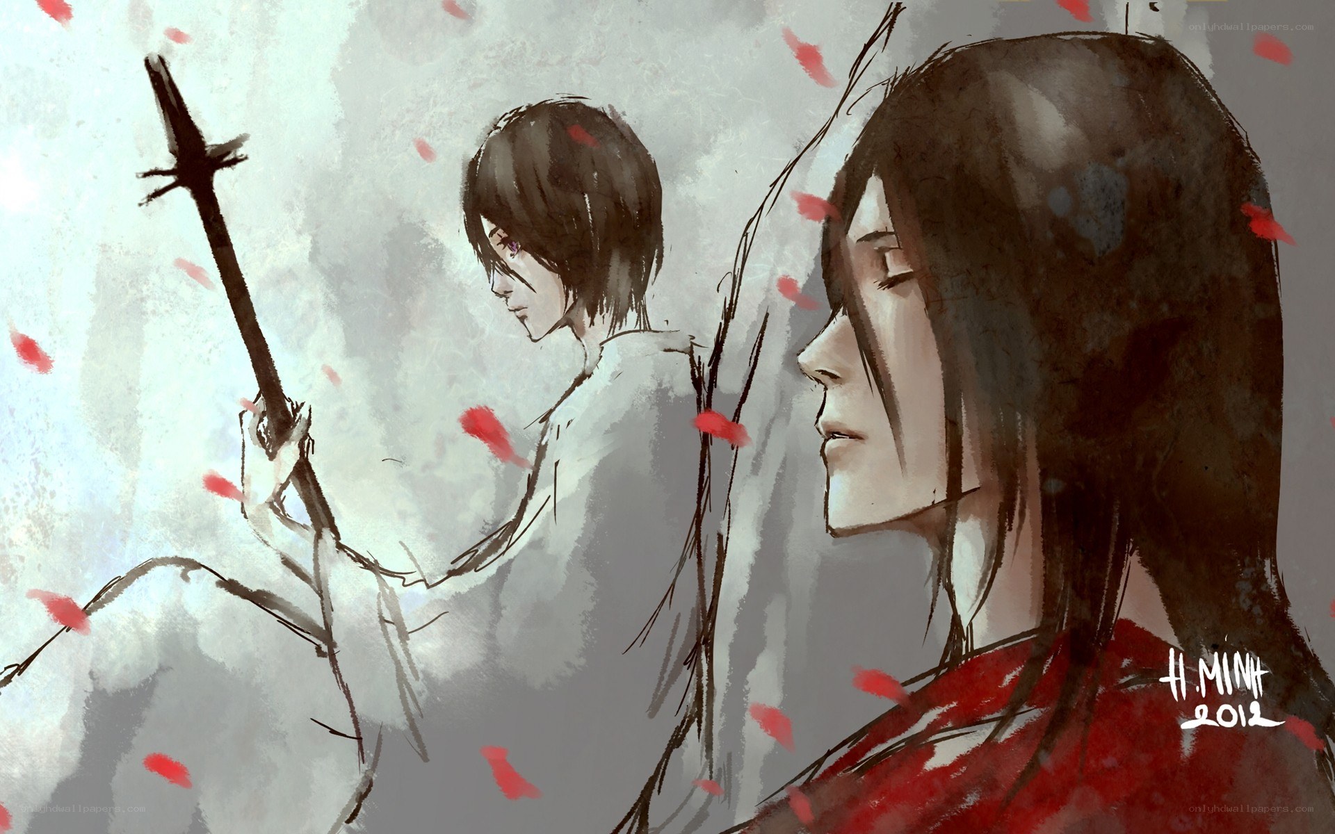 Two warriors in a cherry blossom storm