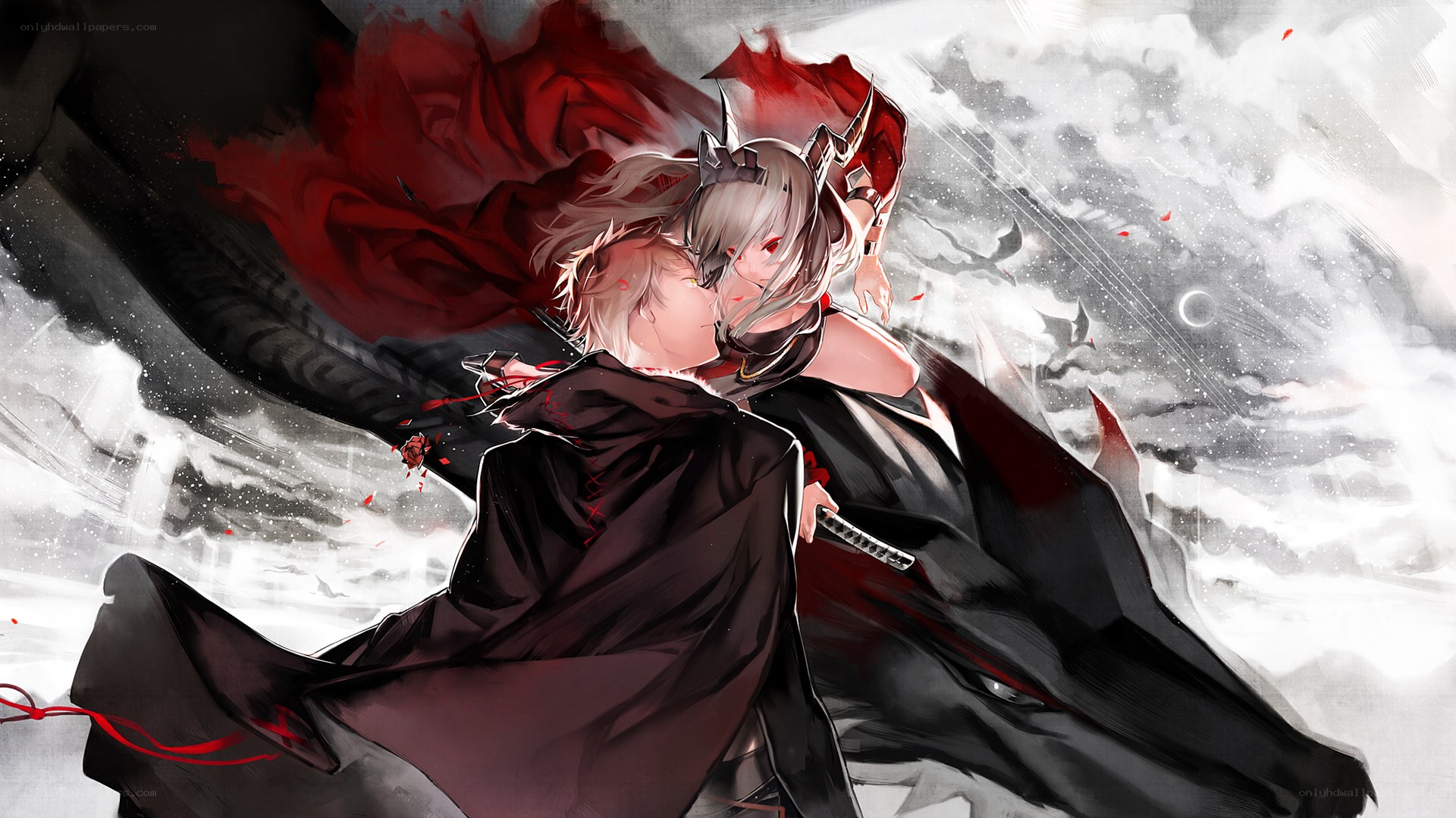 Two warriors in a dramatic embrace