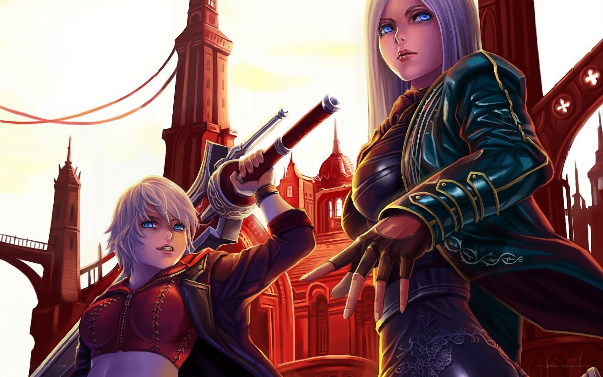 Two warriors in a fantasy city