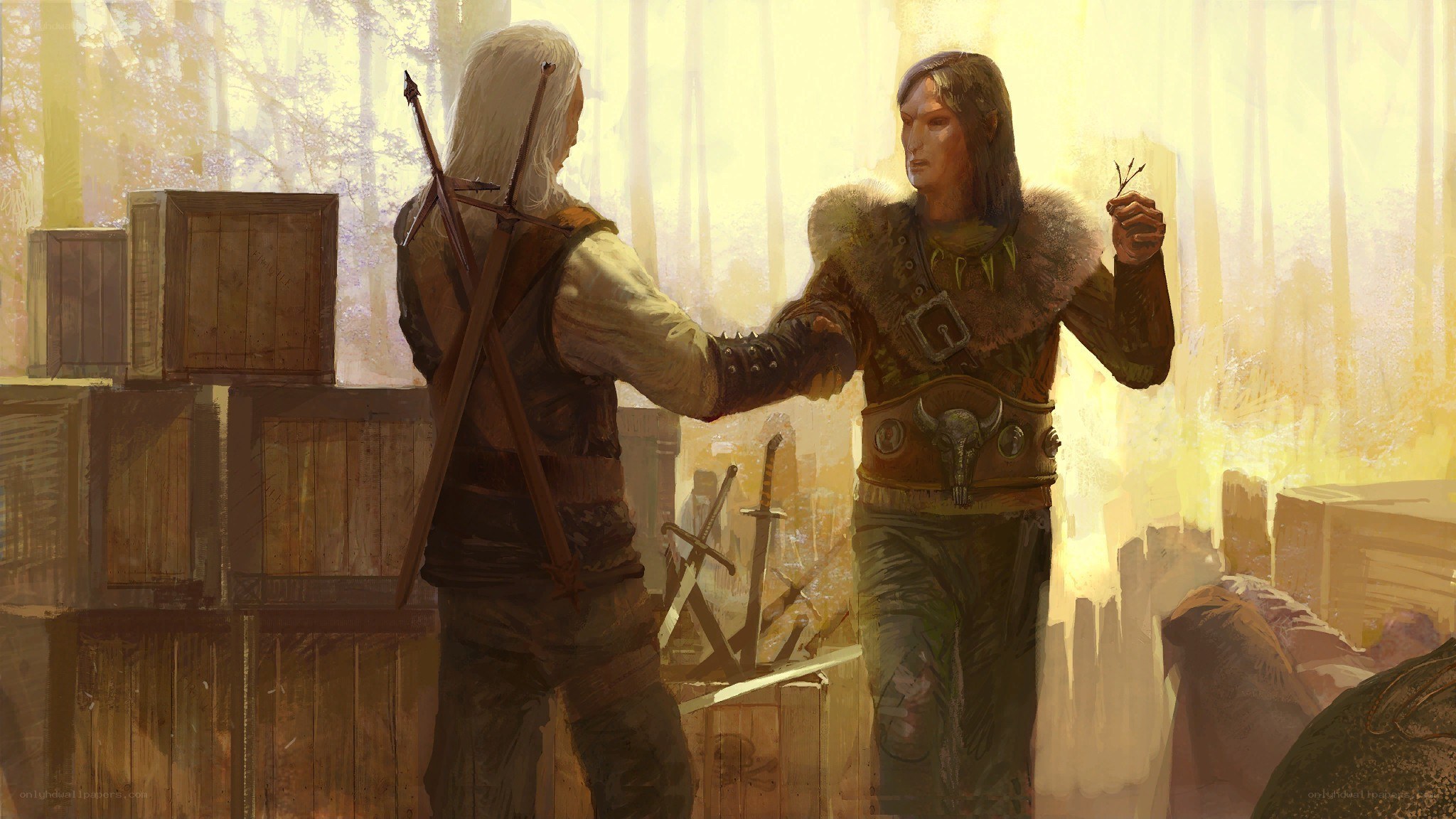 two warriors in a forest clearing