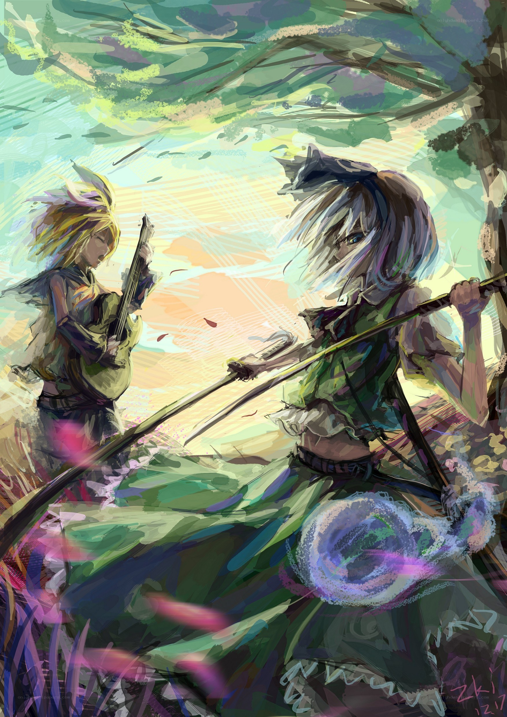 Two warriors in a forest duel