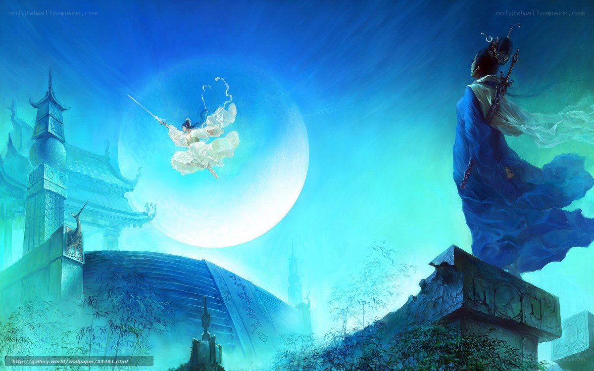 Two warriors in a moonlit duel