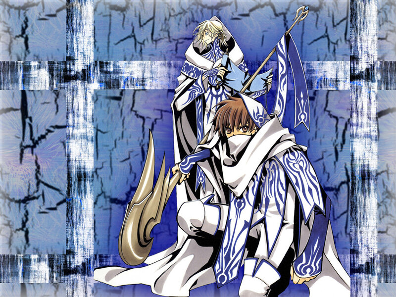 Two warriors in blue and white armor
