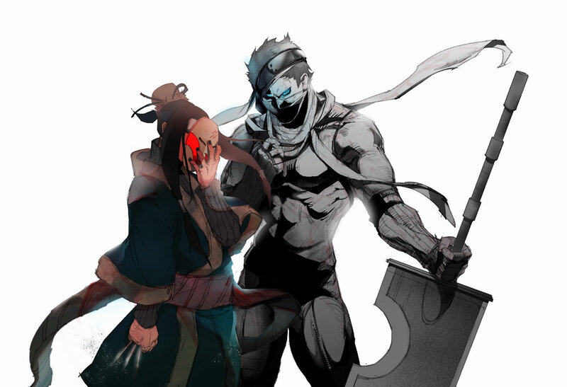 Two Warriors in Combat — Black, Dramatic, Digital Art, Sword, Mask