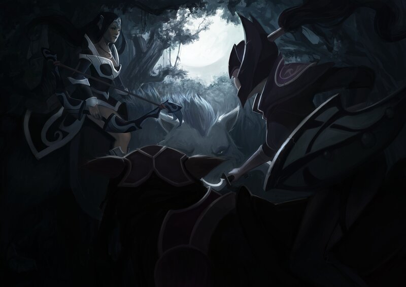 Two Warriors in Forest — Black, Dramatic