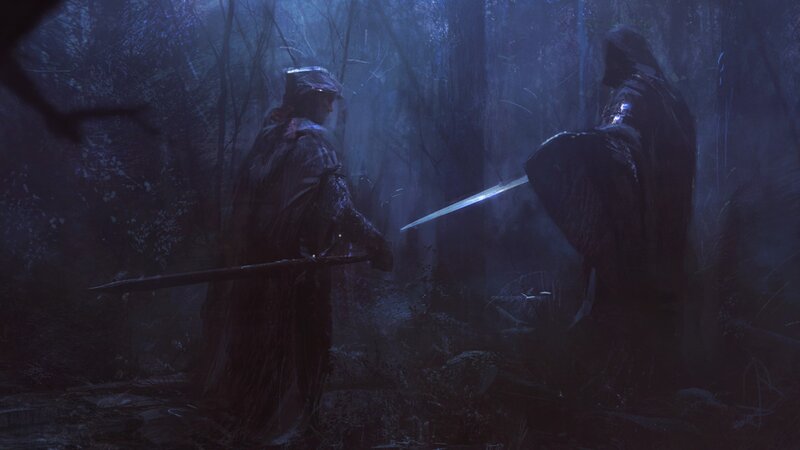 Two Warriors in Forest — Blue, Dramatic