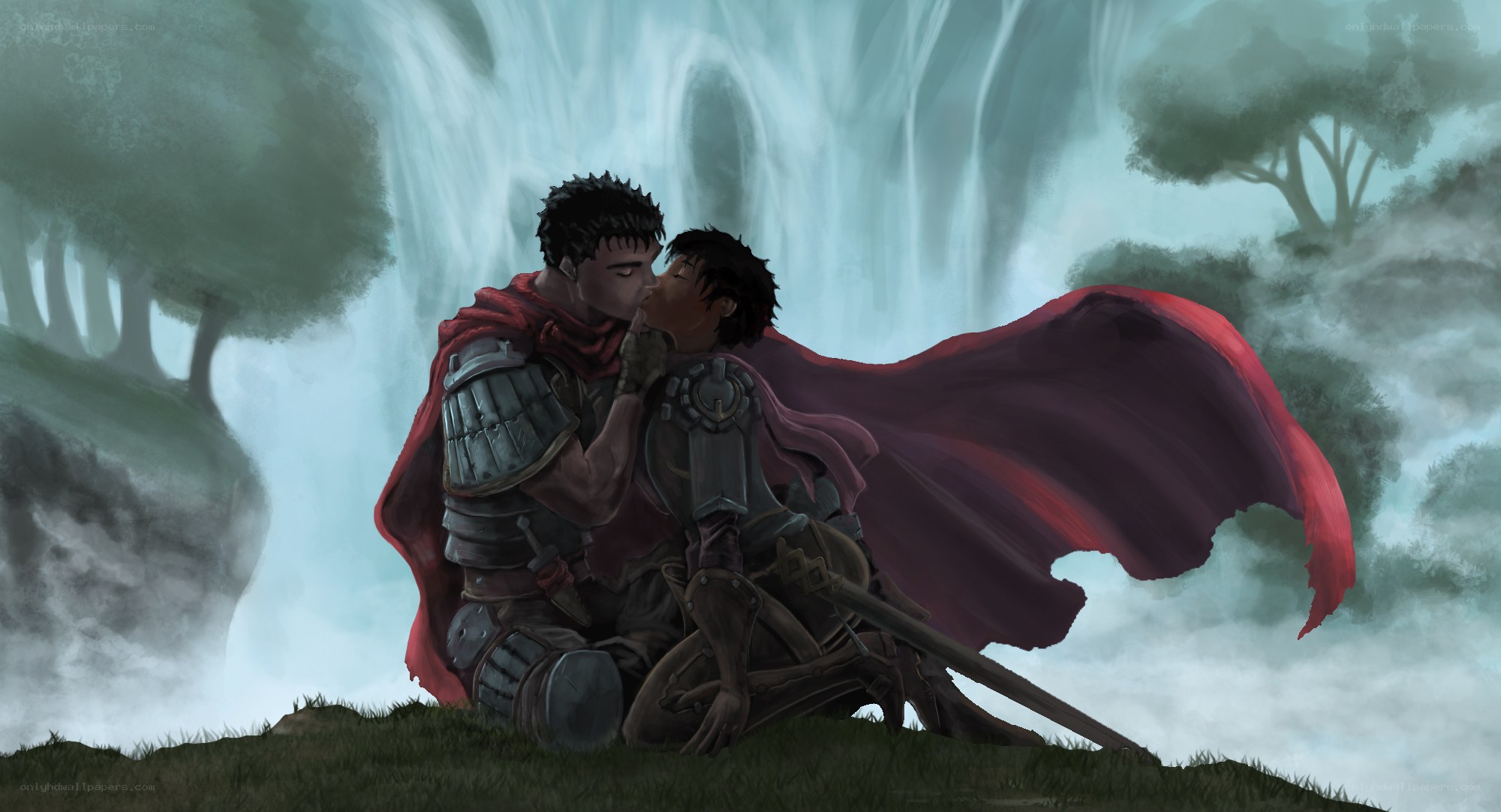two warriors kiss by waterfall