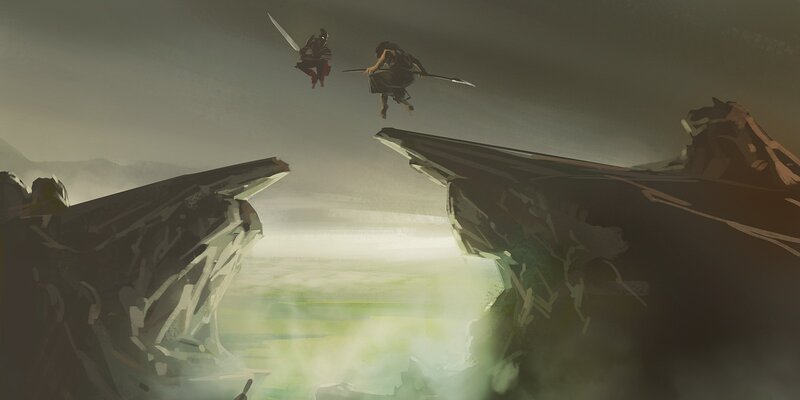 Two warriors leap across a chasm