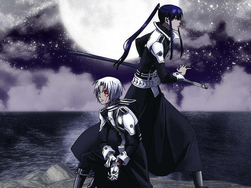 Two warriors on a cliff at night