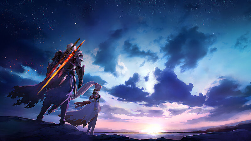 Two Warriors on a Cliff — Blue, Dramatic
