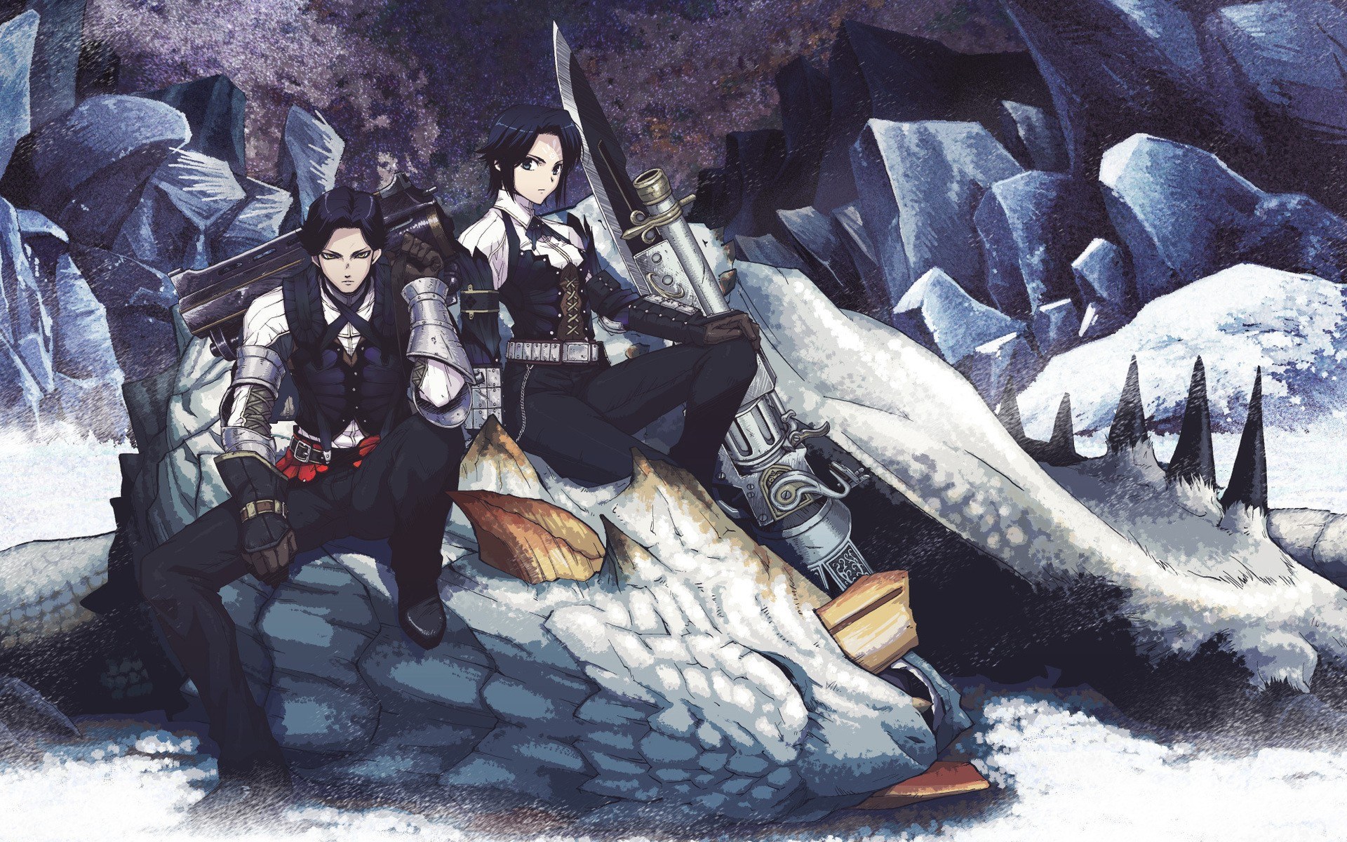 Two warriors on a dragon's skull