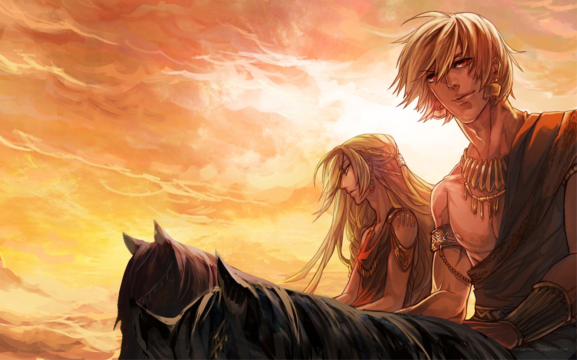 Two warriors on a horse at sunset