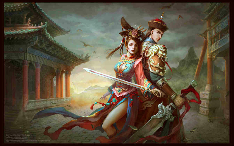 Two Warriors on Horseback — Blue, Dramatic