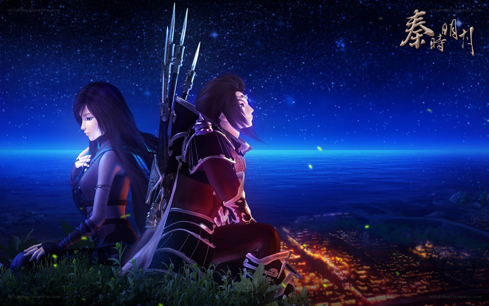 Two warriors overlook a city at night