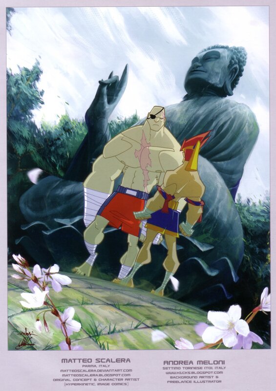 Two warriors stand before a Buddha statue