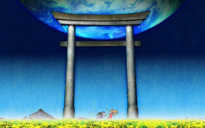 Two warriors under a torii gate