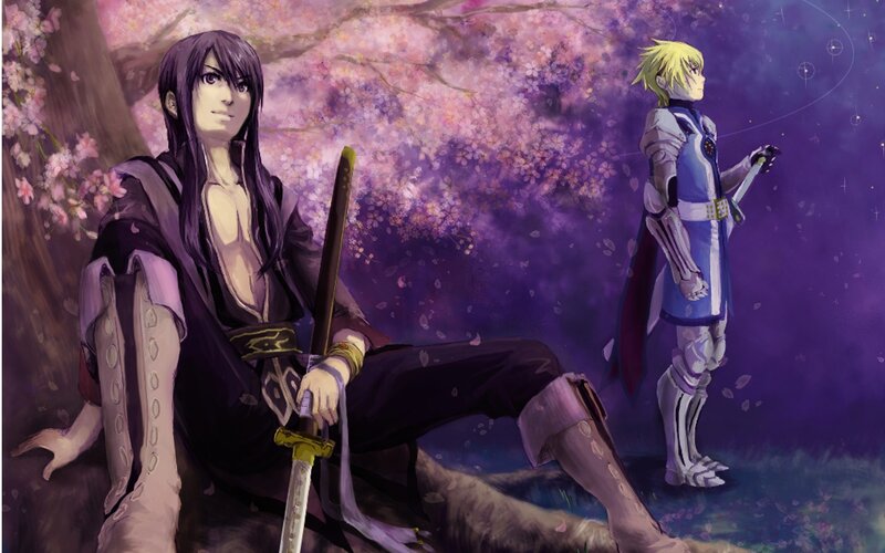 Two warriors under cherry blossoms