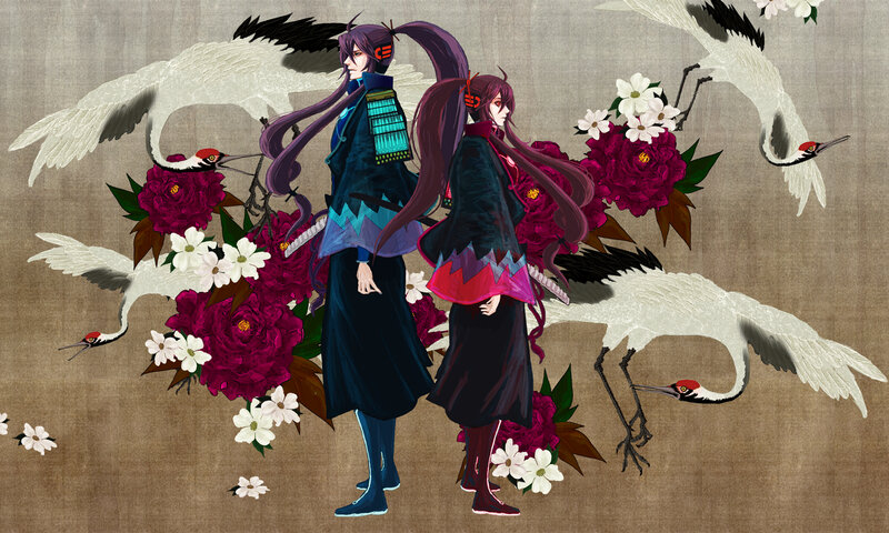 Two warriors with cranes and flowers