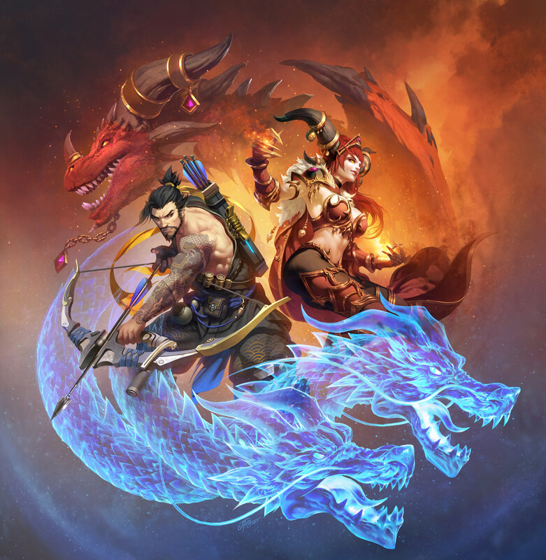 Two Warriors with Dragons — Blue