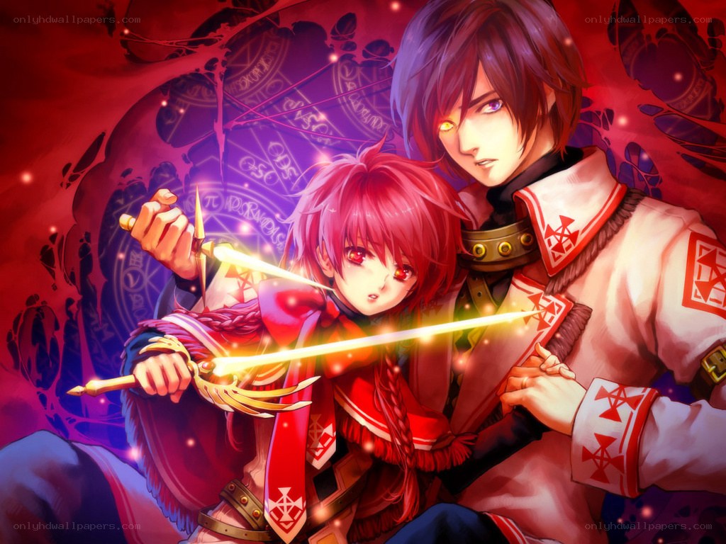 Two warriors with glowing swords