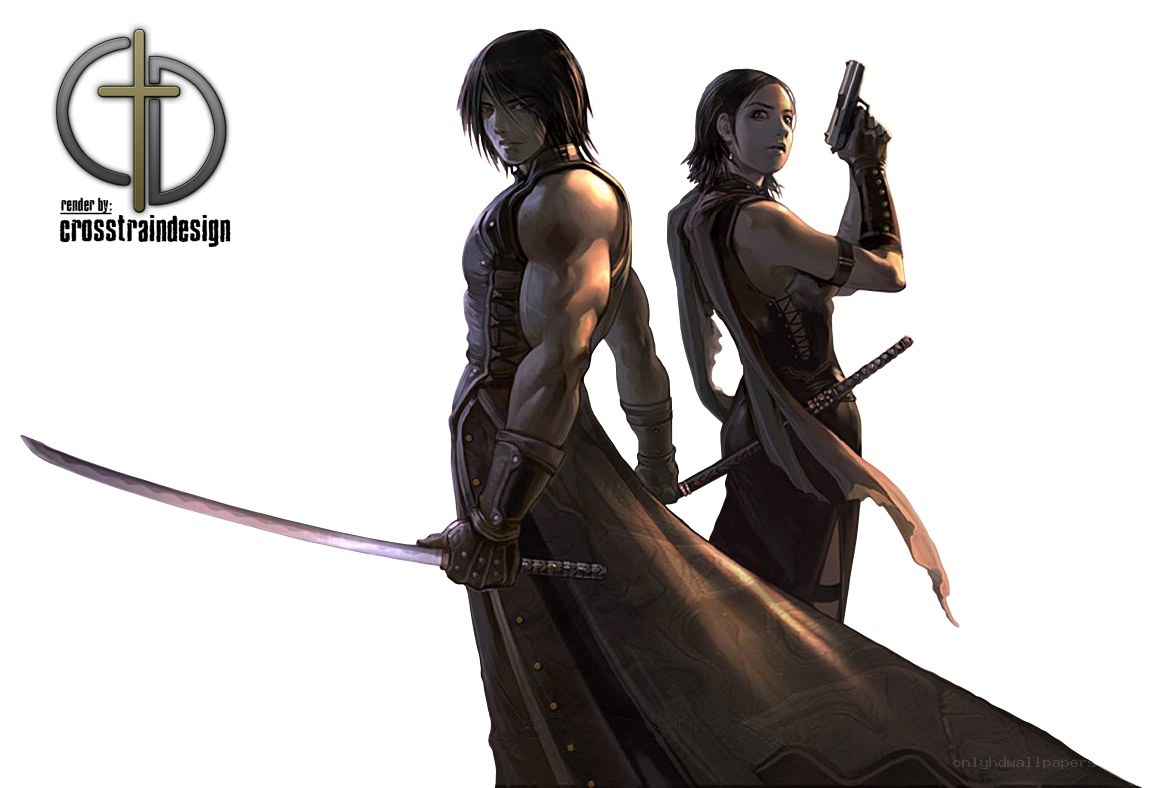 two warriors with swords and gun