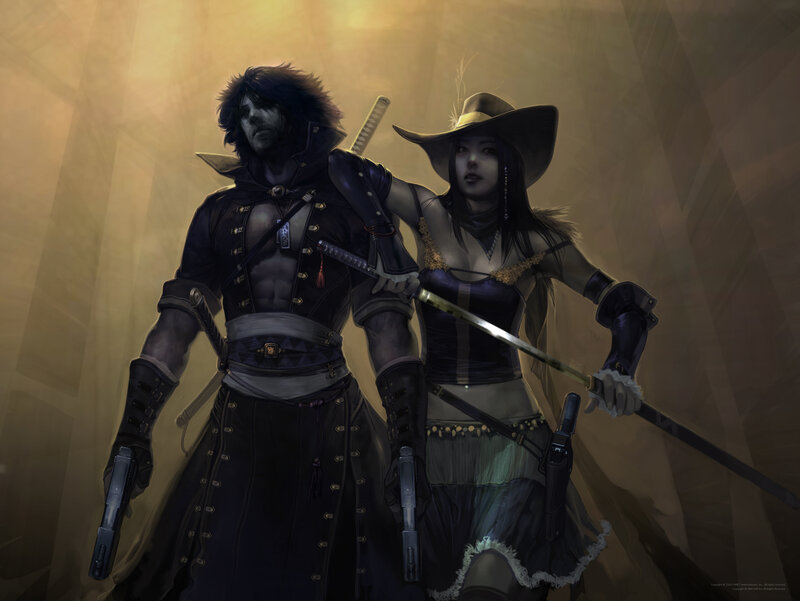 Two Warriors with Swords — Brown, Dramatic