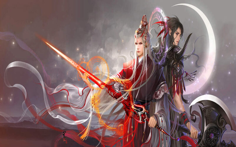 Two Warriors with Swords — Red