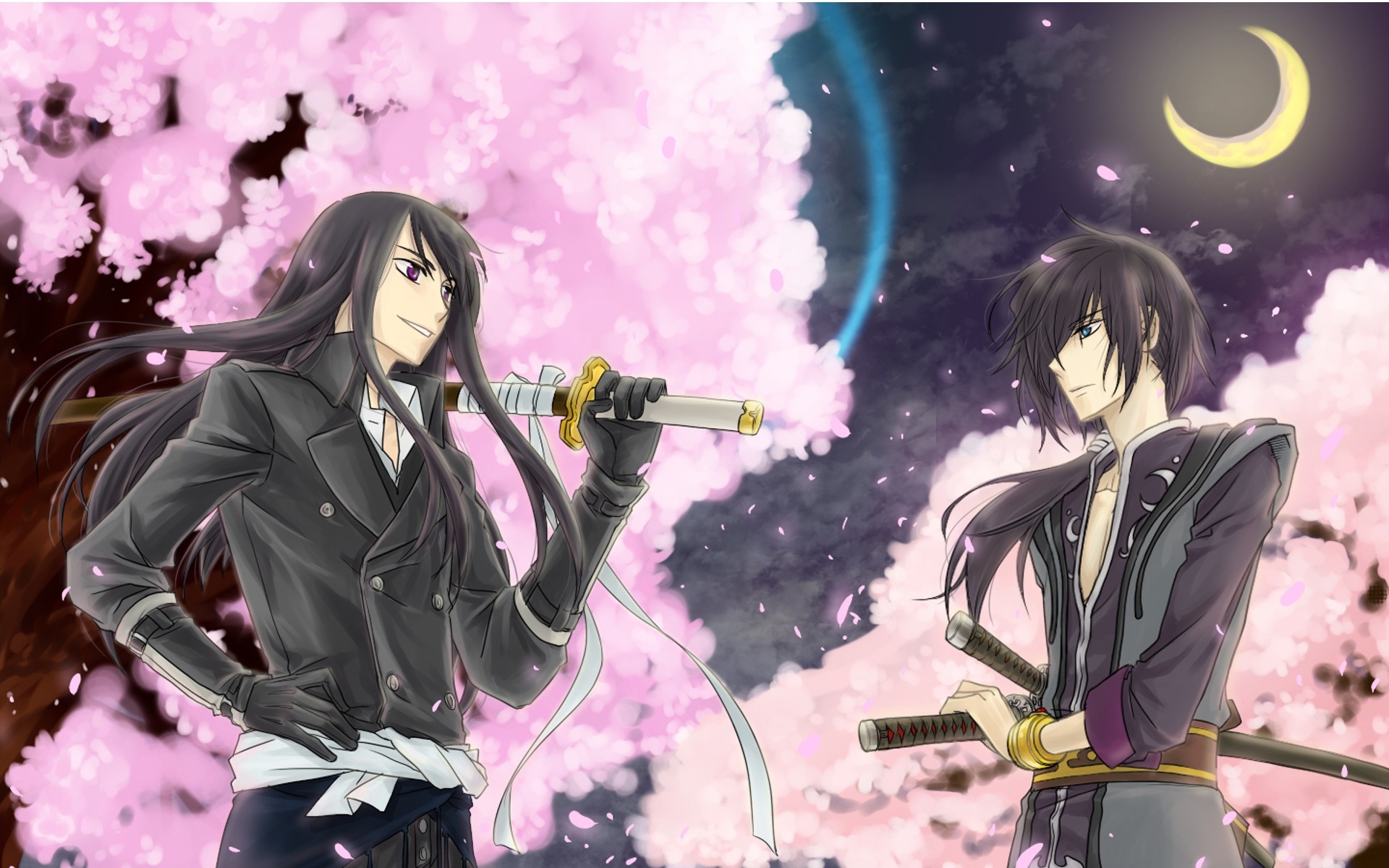 Two warriors with swords under cherry blossoms