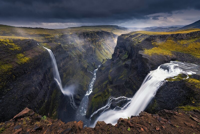 Two Waterfalls in Canyon — Green, Dramatic, Photograph, Clouds, River